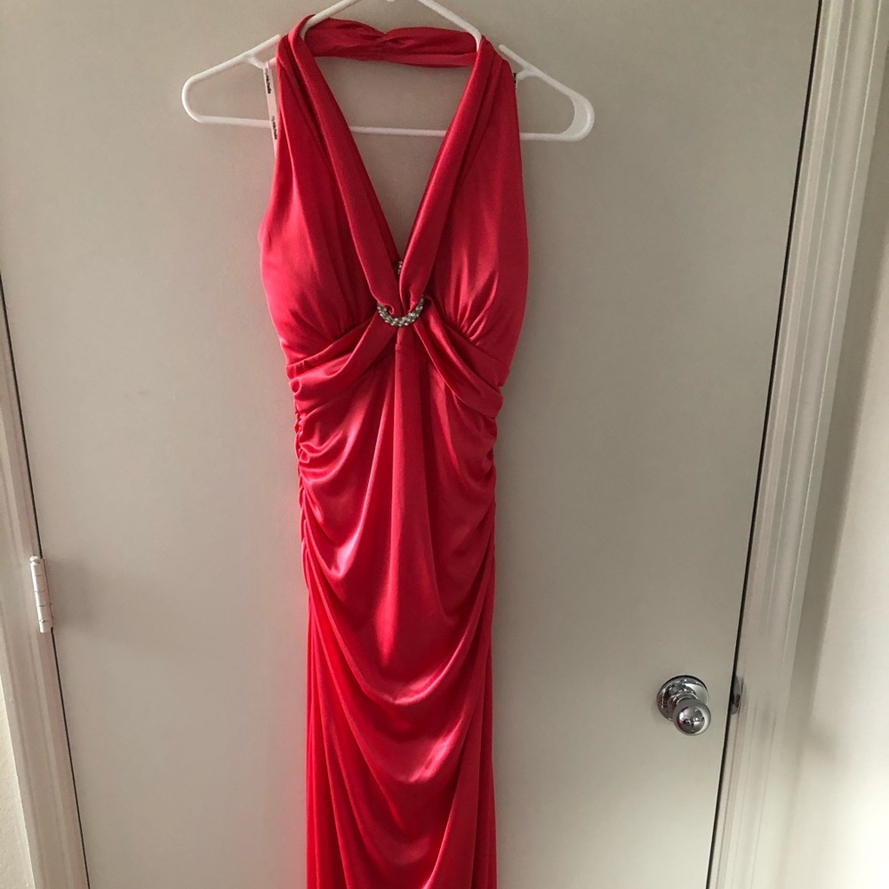 Long Halter Coral Prom Dress.